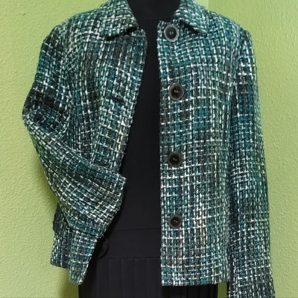 Vintage JM Collection Women's Tweed Plaid Pattern Jacket Teal,Blk, White Sz 12